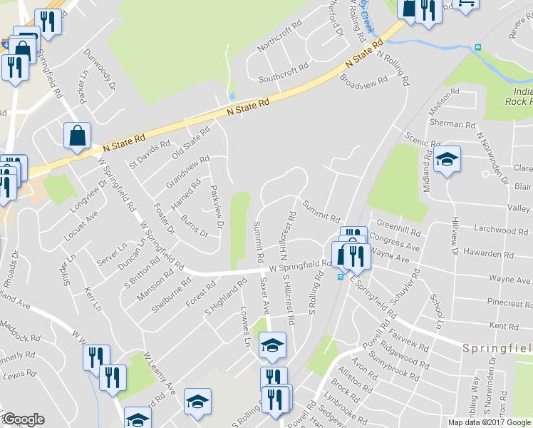 map of restaurants, bars, coffee shops, grocery stores, and more near 308 Summit Road in Springfield