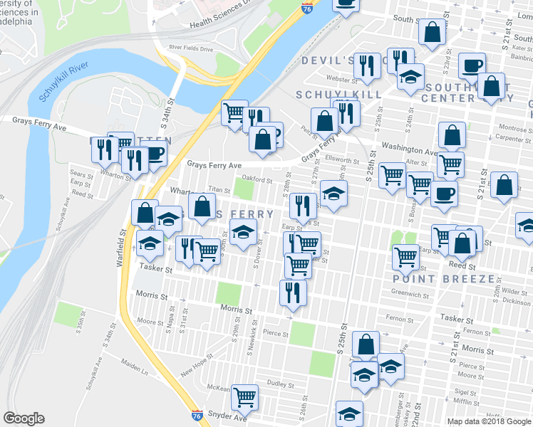 map of restaurants, bars, coffee shops, grocery stores, and more near 1313 South Dover Street in Philadelphia