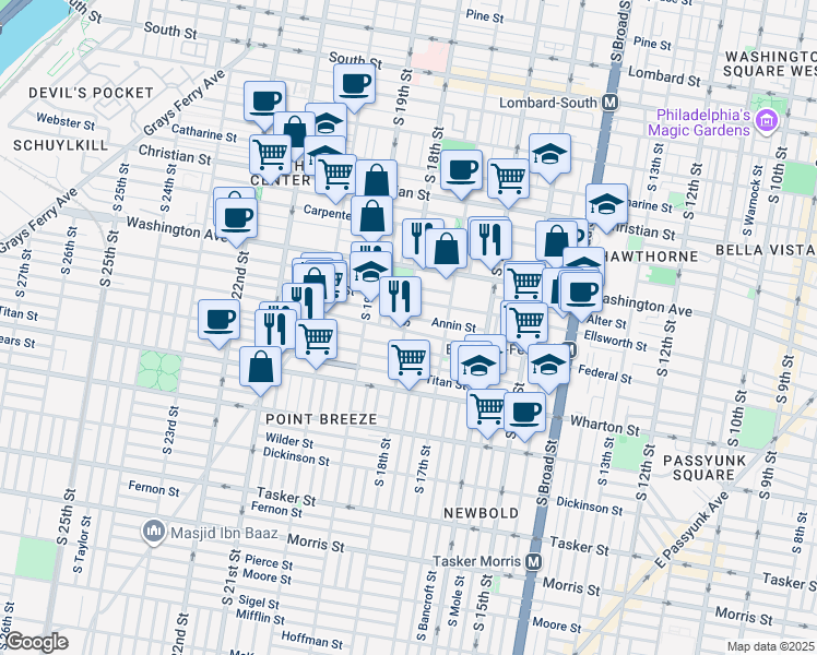 map of restaurants, bars, coffee shops, grocery stores, and more near 1753 Federal Street in Philadelphia