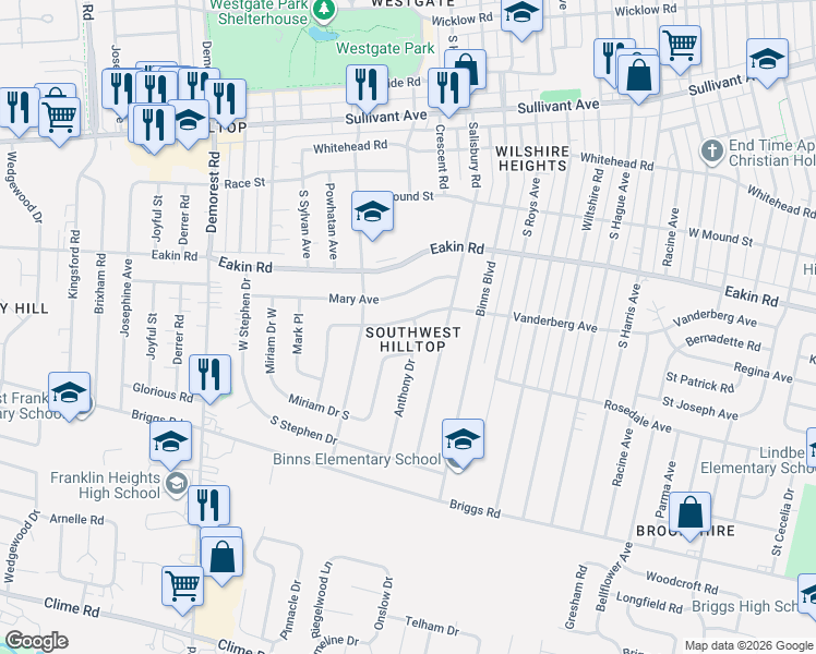 map of restaurants, bars, coffee shops, grocery stores, and more near 3144 Vanderberg Avenue in Columbus