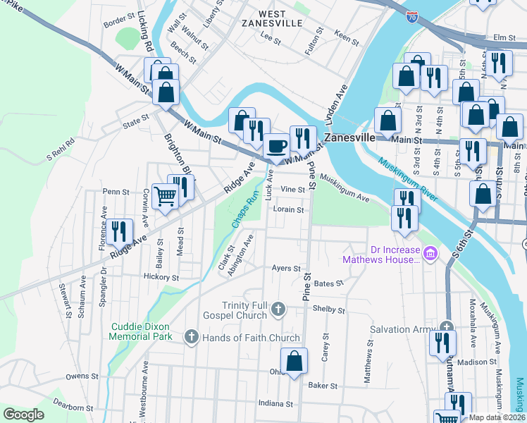 map of restaurants, bars, coffee shops, grocery stores, and more near 153 Luck Avenue in Zanesville