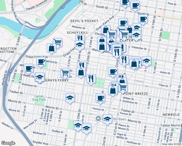 map of restaurants, bars, coffee shops, grocery stores, and more near 1265 South Taylor Street in Philadelphia