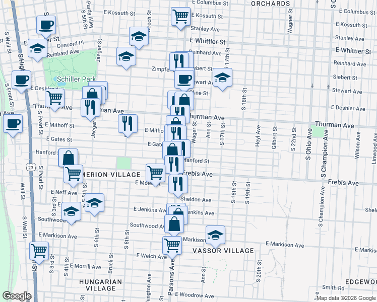 map of restaurants, bars, coffee shops, grocery stores, and more near 472 East Gates Street in Columbus