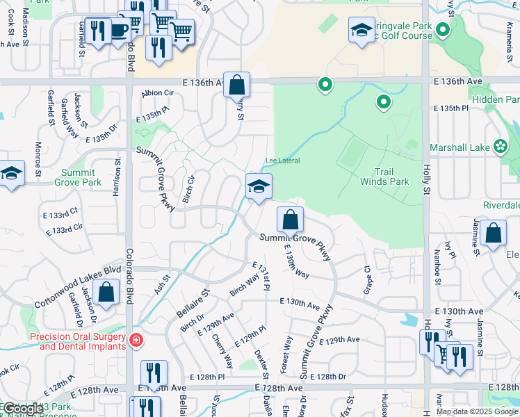 map of restaurants, bars, coffee shops, grocery stores, and more near 4601 Summit Grove Parkway in Thornton