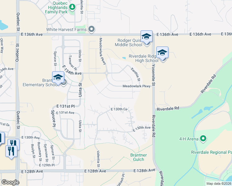 map of restaurants, bars, coffee shops, grocery stores, and more near Verbena Court in Thornton