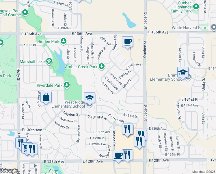 map of restaurants, bars, coffee shops, grocery stores, and more near 6872 East 133rd Avenue in Thornton