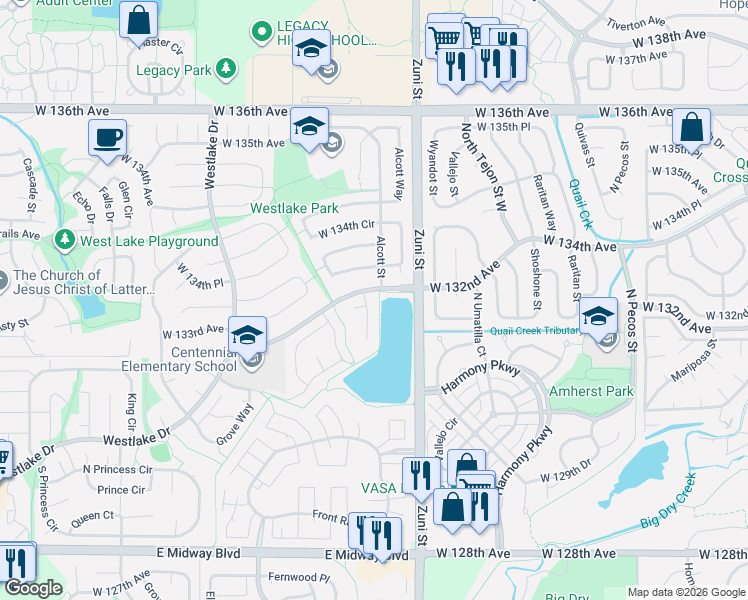 map of restaurants, bars, coffee shops, grocery stores, and more near 2533 West 132nd Avenue in Broomfield