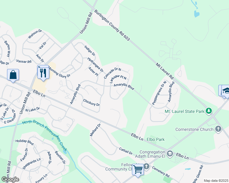 map of restaurants, bars, coffee shops, grocery stores, and more near 7 Buttonbush Court in Mount Laurel Township