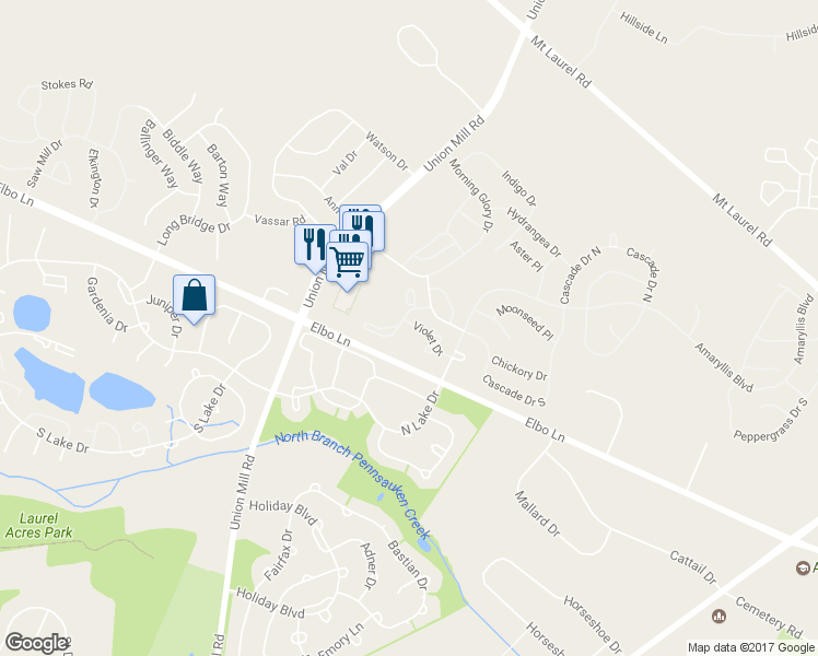 map of restaurants, bars, coffee shops, grocery stores, and more near 1307A Ginger Drive in Mount Laurel Township