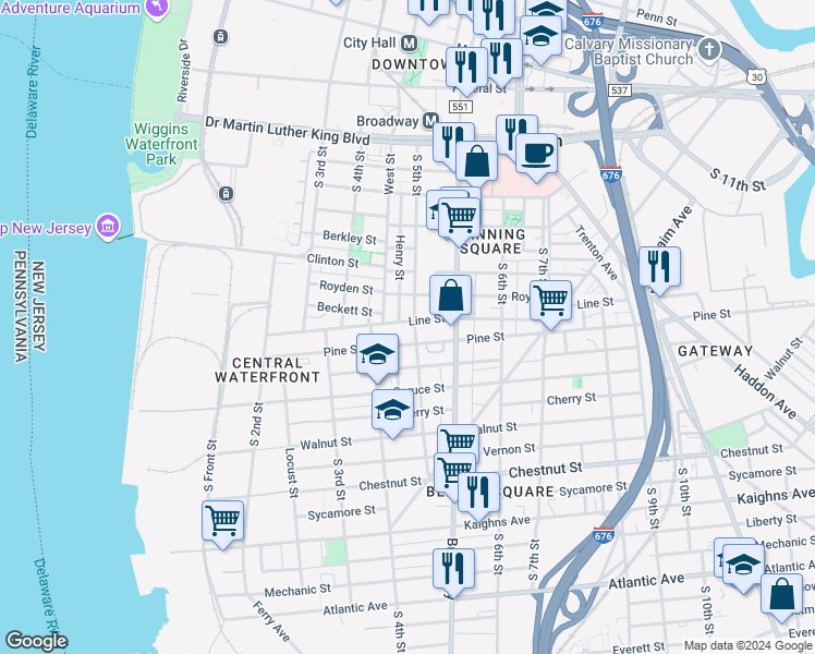 map of restaurants, bars, coffee shops, grocery stores, and more near 610 Henry Street in Camden