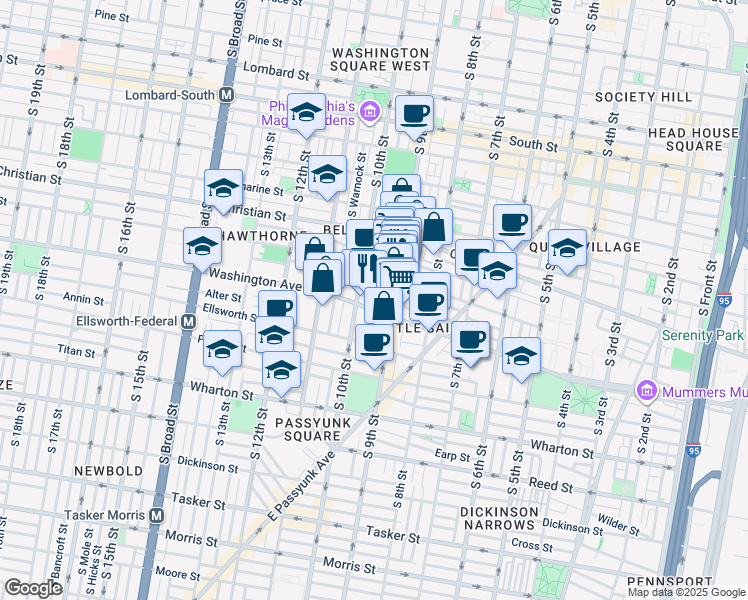 map of restaurants, bars, coffee shops, grocery stores, and more near 926 League Street in Philadelphia