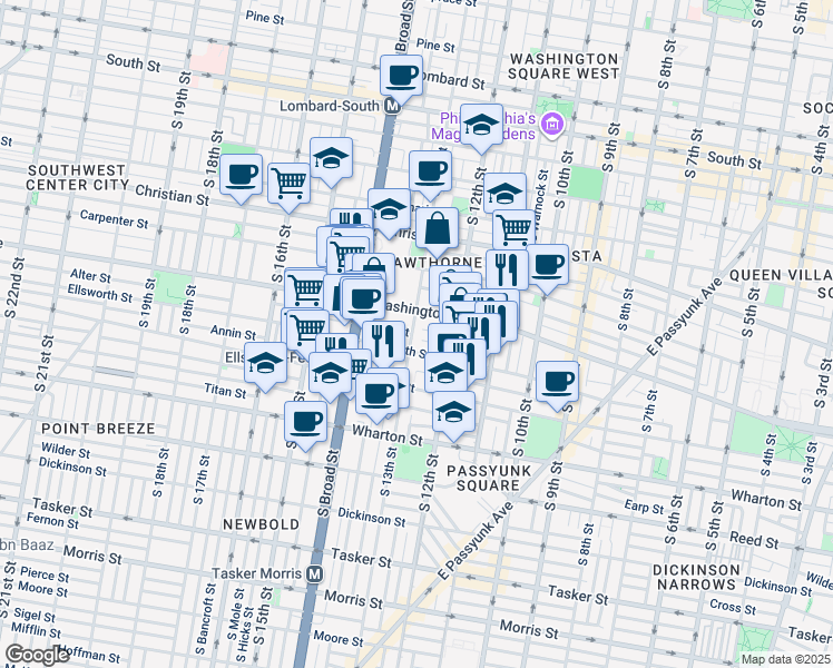 map of restaurants, bars, coffee shops, grocery stores, and more near 1308 Washington Avenue in Philadelphia