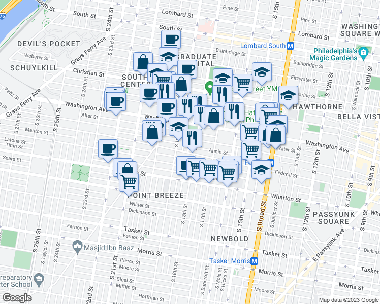 map of restaurants, bars, coffee shops, grocery stores, and more near 1167 South Cleveland Street in Philadelphia