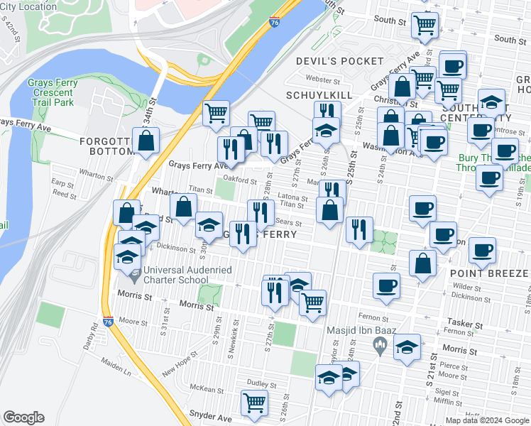 map of restaurants, bars, coffee shops, grocery stores, and more near 1266 South 28th Street in Philadelphia