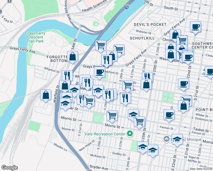 map of restaurants, bars, coffee shops, grocery stores, and more near 1267 South 29th Street in Philadelphia