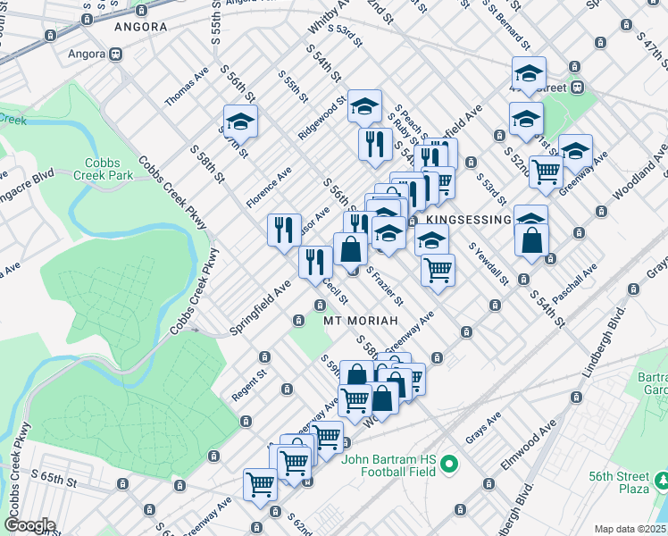 map of restaurants, bars, coffee shops, grocery stores, and more near 1811 South 57th Street in Philadelphia