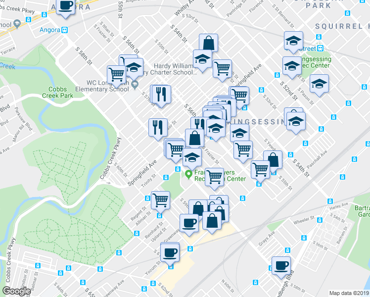 map of restaurants, bars, coffee shops, grocery stores, and more near 1811 South 57th Street in Philadelphia