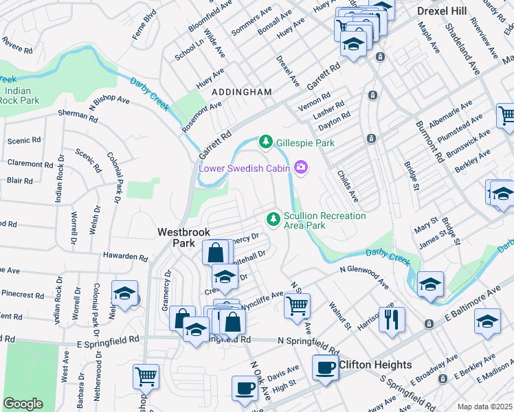 map of restaurants, bars, coffee shops, grocery stores, and more near 530 North Sycamore Avenue in Clifton Heights