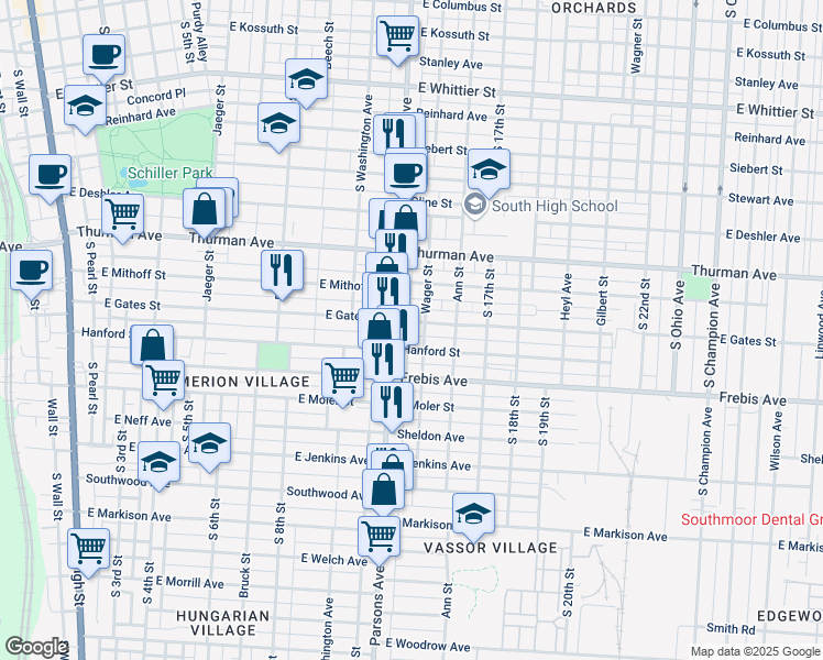 map of restaurants, bars, coffee shops, grocery stores, and more near 472 East Gates Street in Columbus
