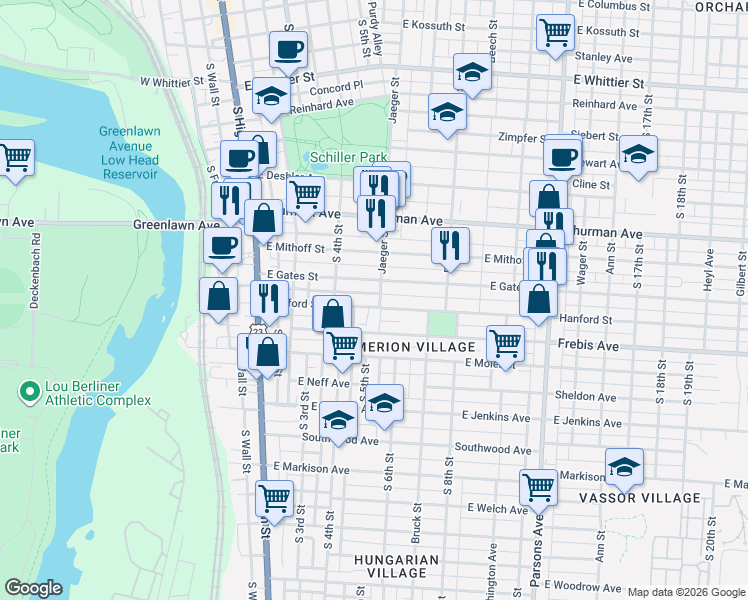 map of restaurants, bars, coffee shops, grocery stores, and more near 185 East Gates Street in Columbus