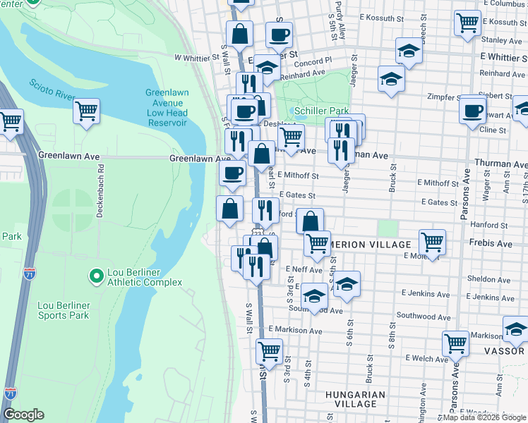 map of restaurants, bars, coffee shops, grocery stores, and more near 27 East Gates Street in Columbus