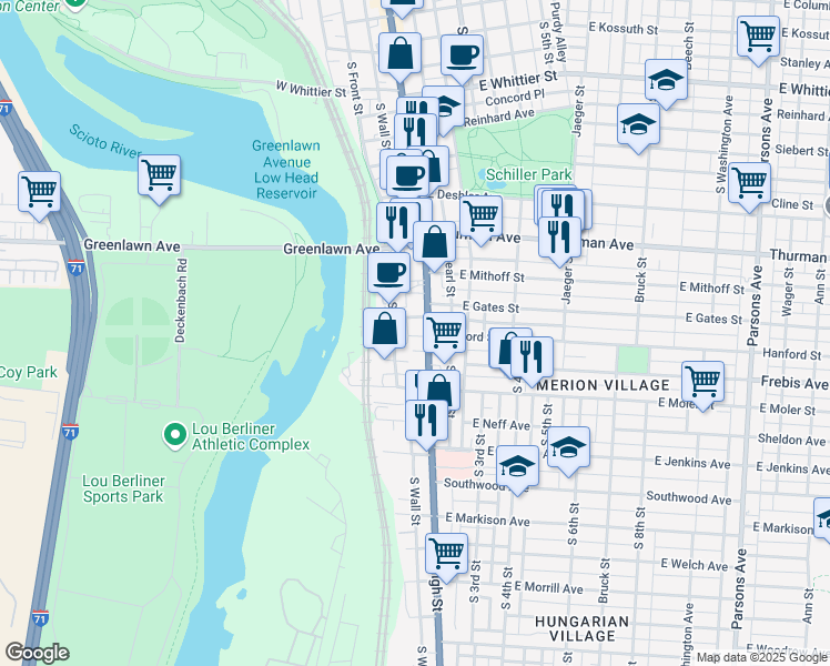 map of restaurants, bars, coffee shops, grocery stores, and more near 1201 South High Street in Columbus