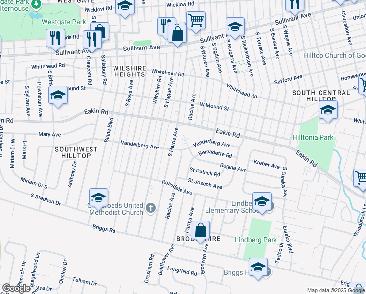 map of restaurants, bars, coffee shops, grocery stores, and more near 844 South Harris Avenue in Columbus