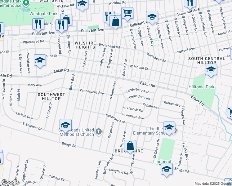 map of restaurants, bars, coffee shops, grocery stores, and more near 844 South Harris Avenue in Columbus