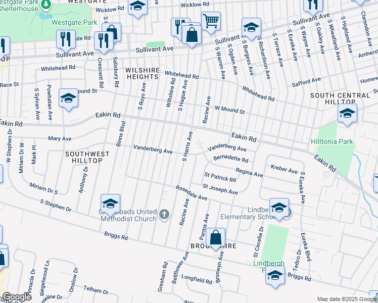 map of restaurants, bars, coffee shops, grocery stores, and more near 844 South Harris Avenue in Columbus