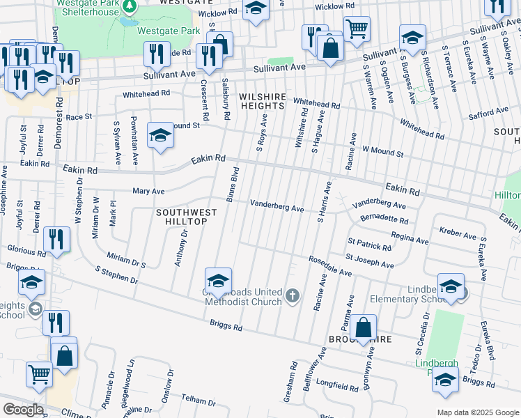 map of restaurants, bars, coffee shops, grocery stores, and more near 832 South Roys Avenue in Columbus