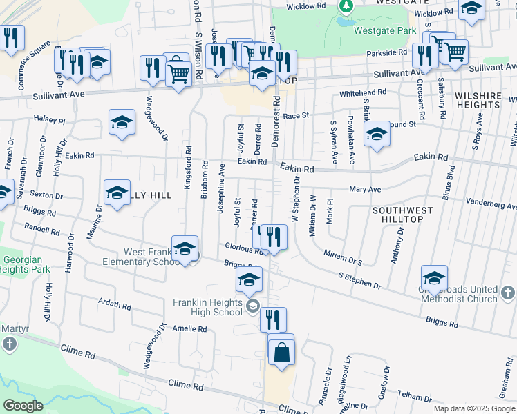 map of restaurants, bars, coffee shops, grocery stores, and more near 797 Derrer Road in Columbus