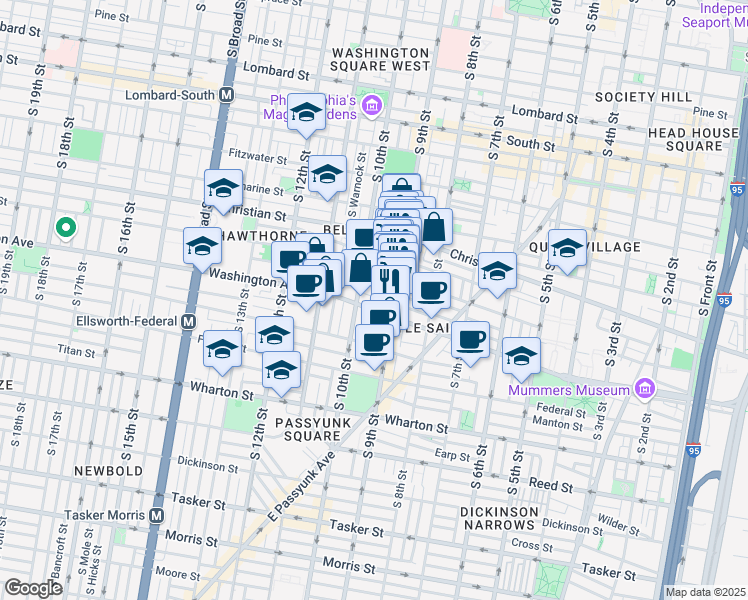 map of restaurants, bars, coffee shops, grocery stores, and more near 926 League Street in Philadelphia