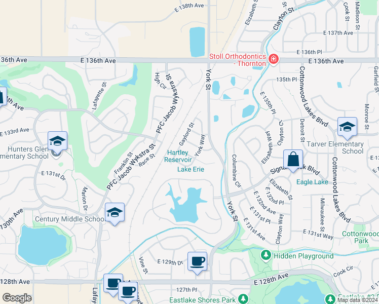 map of restaurants, bars, coffee shops, grocery stores, and more near 2035 East 133rd Way in Thornton