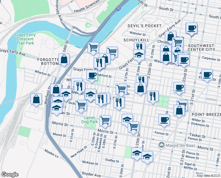 map of restaurants, bars, coffee shops, grocery stores, and more near 1319 South Newkirk Street in Philadelphia