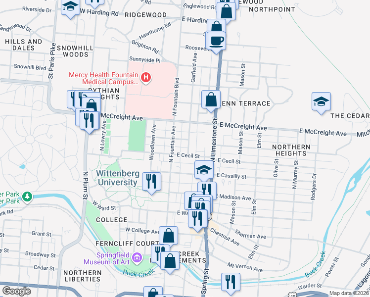 map of restaurants, bars, coffee shops, grocery stores, and more near 1011 Garfield Avenue in Springfield