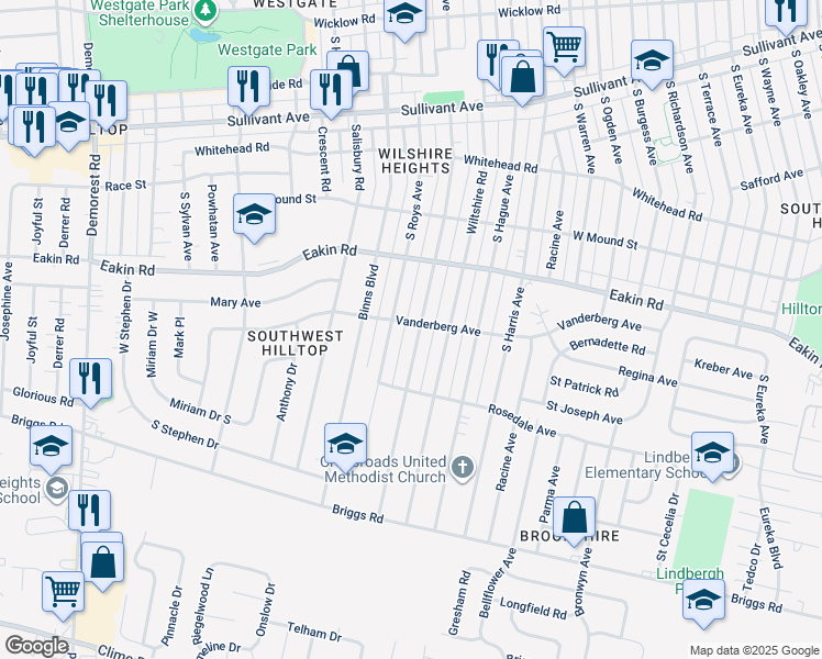 map of restaurants, bars, coffee shops, grocery stores, and more near 832 South Roys Avenue in Columbus