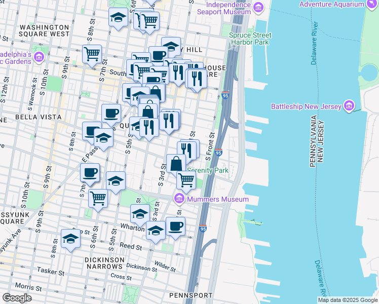 map of restaurants, bars, coffee shops, grocery stores, and more near South 2nd Street & Queen Street in Philadelphia