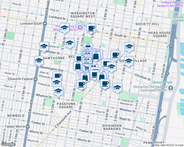 map of restaurants, bars, coffee shops, grocery stores, and more near 825 Carpenter Street in Philadelphia