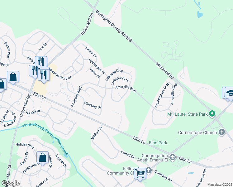 map of restaurants, bars, coffee shops, grocery stores, and more near 7 Buttonbush Court in Mount Laurel Township