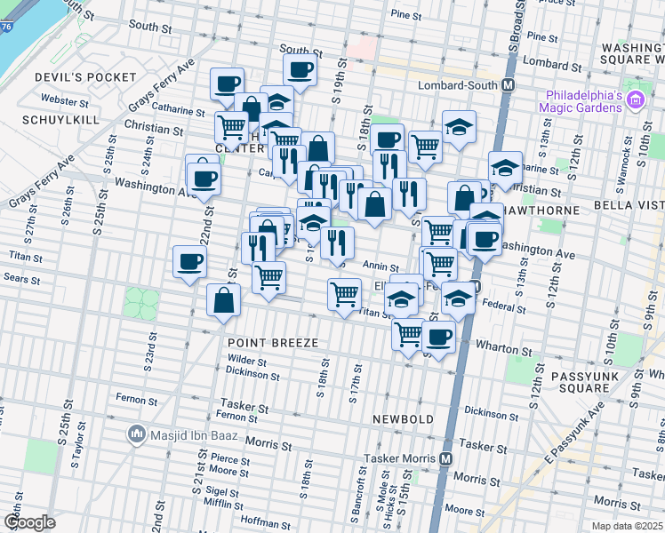 map of restaurants, bars, coffee shops, grocery stores, and more near 1167 South Cleveland Street in Philadelphia