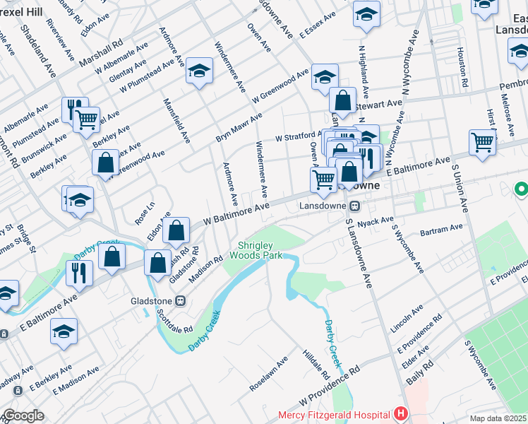 map of restaurants, bars, coffee shops, grocery stores, and more near 1 West Baltimore Avenue in Lansdowne