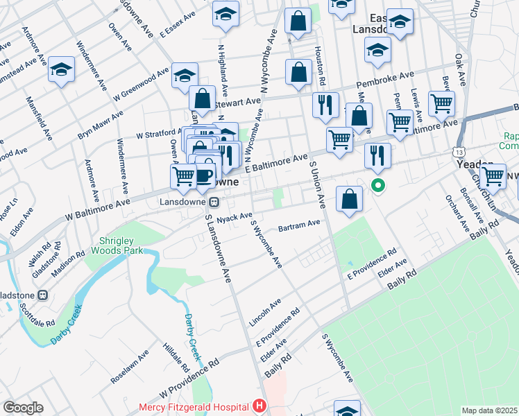 map of restaurants, bars, coffee shops, grocery stores, and more near 59 Nyack Avenue in Lansdowne