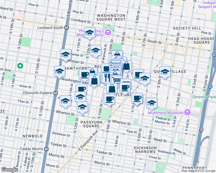 map of restaurants, bars, coffee shops, grocery stores, and more near 938 South 9th Street in Philadelphia