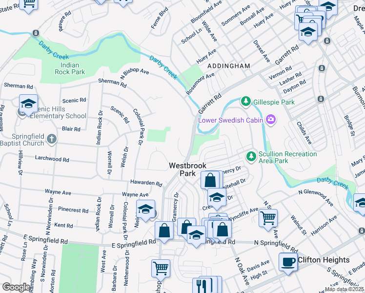map of restaurants, bars, coffee shops, grocery stores, and more near 448 Penn Lane in Springfield