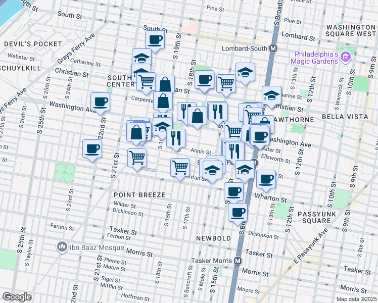 map of restaurants, bars, coffee shops, grocery stores, and more near 1730 Washington Avenue in Philadelphia