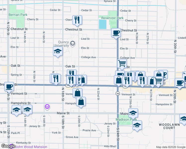 map of restaurants, bars, coffee shops, grocery stores, and more near 2076 Oak Street in Quincy