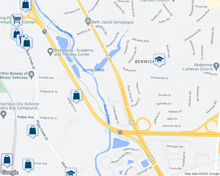 map of restaurants, bars, coffee shops, grocery stores, and more near Village at Bexley Drive in Columbus
