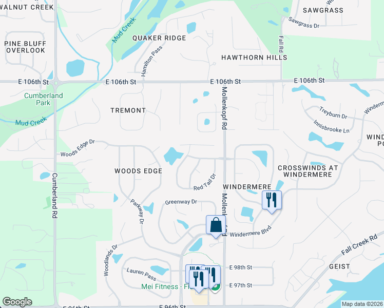 map of restaurants, bars, coffee shops, grocery stores, and more near 10481 Fox Creek Lane in Fishers
