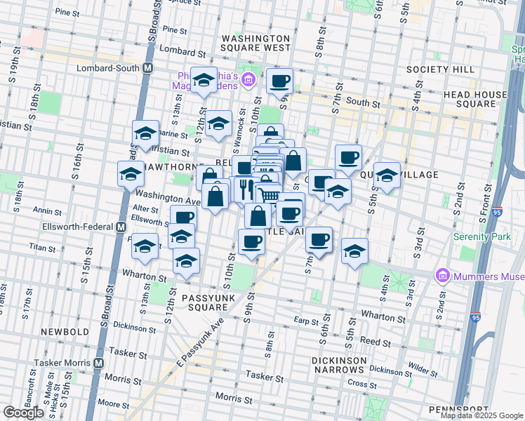 map of restaurants, bars, coffee shops, grocery stores, and more near 1024 South 9th Street in Philadelphia