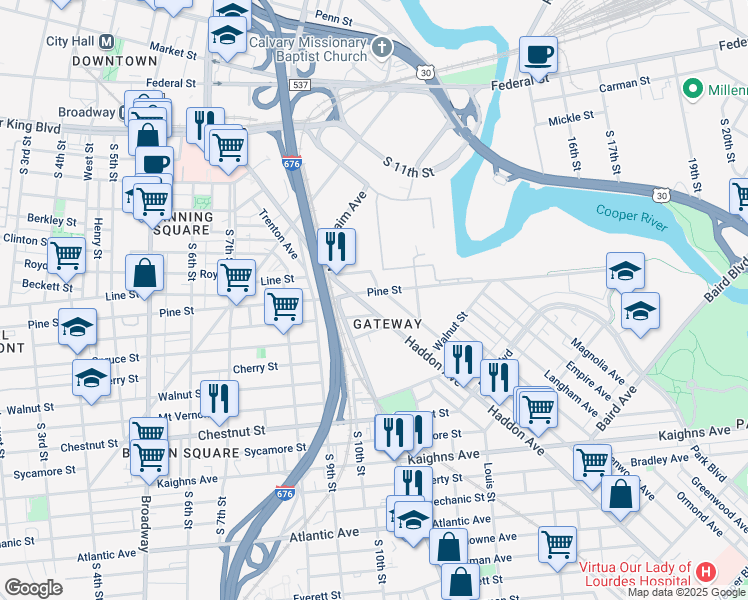 map of restaurants, bars, coffee shops, grocery stores, and more near 1053 Pine Street in Camden